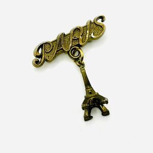 Vintage 60s Paris Eiffel Tower Gold Script Souvenir Brooch Pin